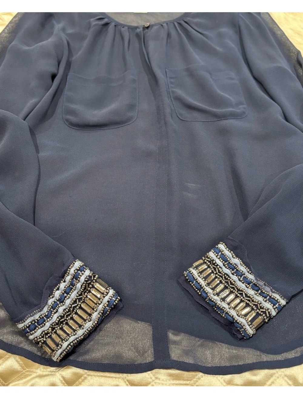 Women’s Navy Beaded Cuff Sheer Blouse